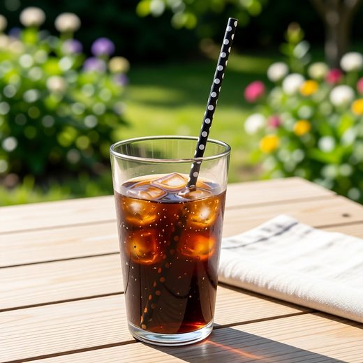 Clear glass holding iced dark drink with a patterned black and white paper straw on a wooden table.