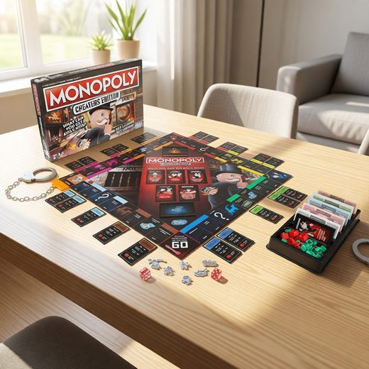 Monopoly Cheaters Edition board game spread out on a wooden table with tokens and plastic handcuffs.