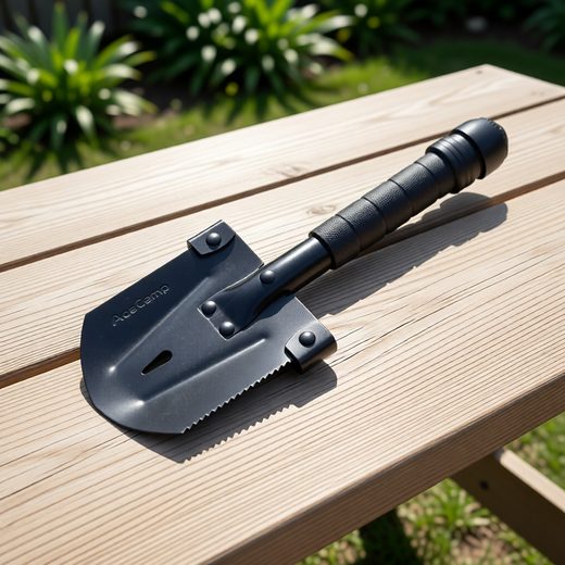 Black and gray folding multi-tool shovel with serrated blade resting on a light wooden table.