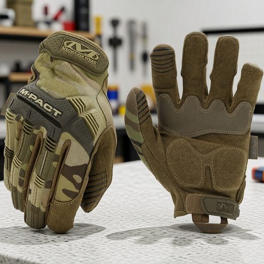 Heavy-duty MultiCam tactical gloves showing padded knuckles and camouflage design.