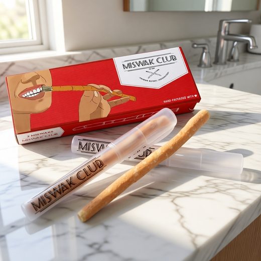 Natural miswak sticks and their red branded box resting on a white marble surface.