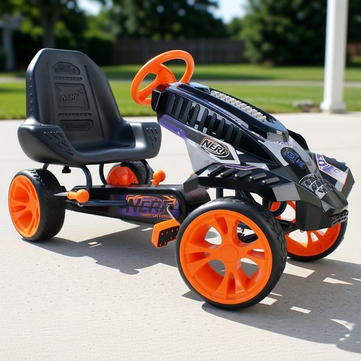 Nerf battle go kart with black body, orange wheels, and dedicated blaster mounts for action.