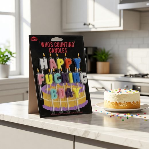 Funny letter candles spelling "Happy Fucking Bday" placed on a small white birthday cake.