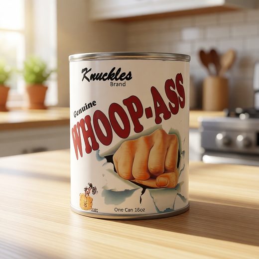 Cylindrical metal can of Whoop-Ass featuring a graphic of a clenched fist breaking out.