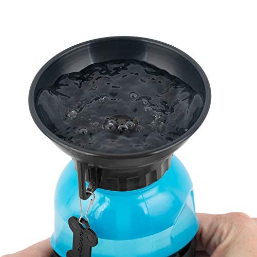 Portable blue dog water bottle with a black integrated bowl filled with water.