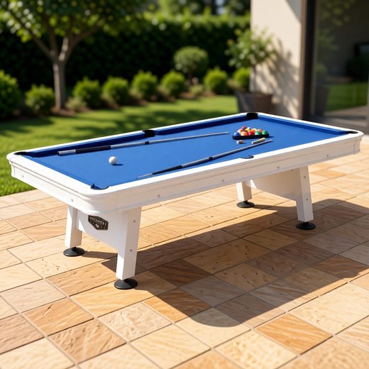 White outdoor pool table with waterproof felt resting on a tiled patio in a garden setting.