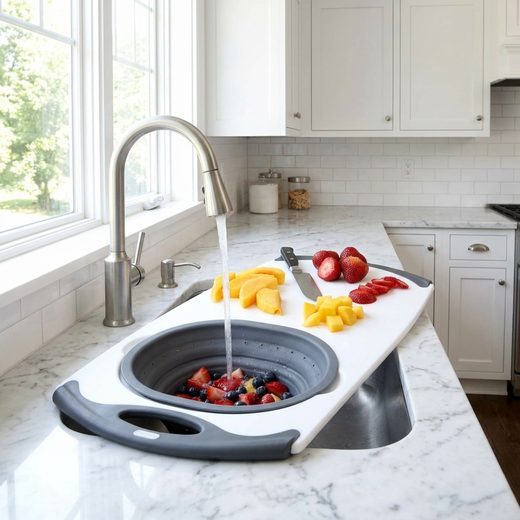 Over-the-sink cutting board with removable strainer holding fresh strawberries and pineapple slices.
