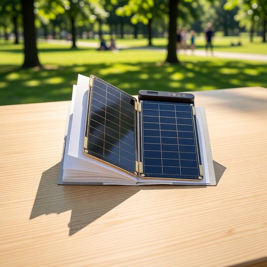 Foldable solar charger with gold-plated panels displayed open on a light wooden table.