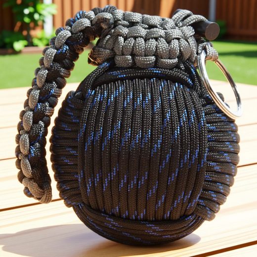 Tactical grenade-shaped survival tool wrapped in black and gray paracord cord.