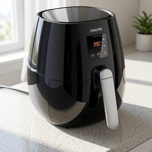 Black digital air fryer appliance with a sleek, modern design sitting on a light kitchen countertop.