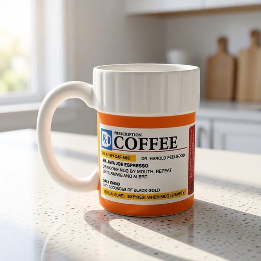 White pill bottle shaped coffee mug featuring a humorous prescription label.