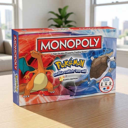Pokémon Monopoly Kanto Edition board game box featuring colorful artwork and iconic Pokémon characters.