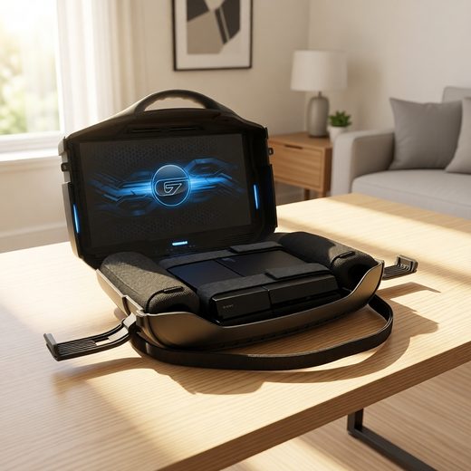 Black rugged portable gaming pod with a glowing blue screen and shoulder strap.