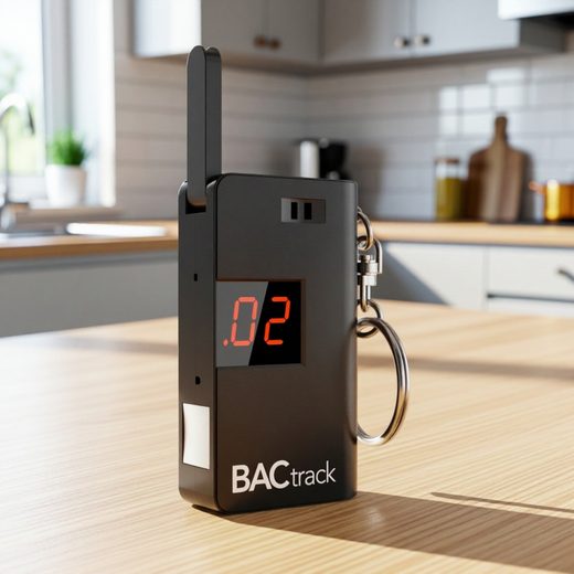 Black keychain breathalyzer with a digital screen displaying a reading on a wooden table.
