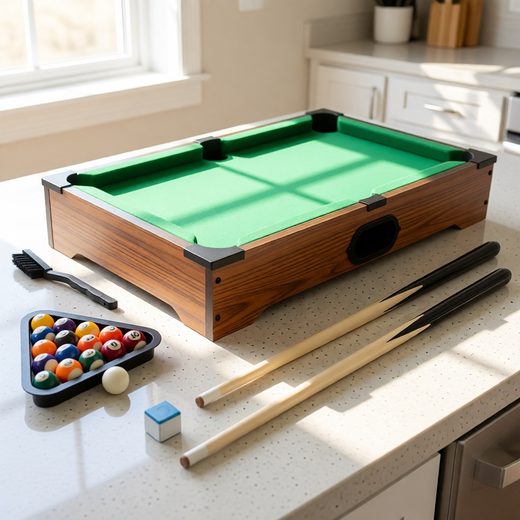 Compact wooden pool table with green felt, cues, and racked billiard balls.