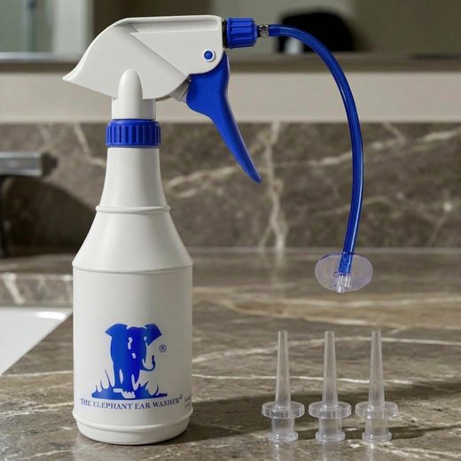 Professional white ear washer system featuring a trigger nozzle and various plastic tips.