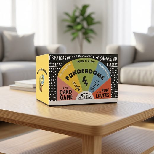 Vibrant Punderdome card game box featuring retro game show graphics and pun-themed text.