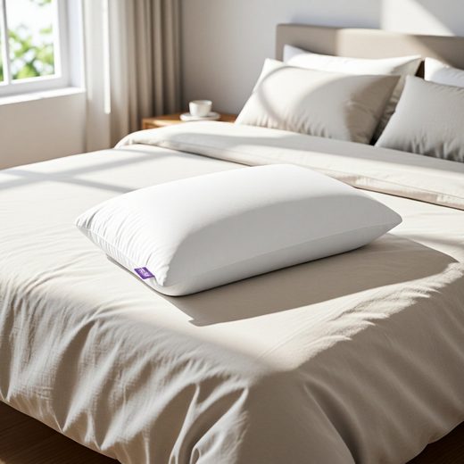 White gel pillow resting on a beige duvet in a bright, modern bedroom setting.