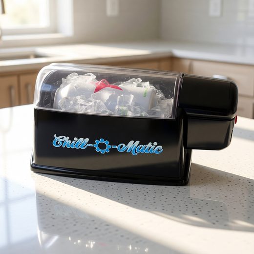 Black countertop drink chiller with clear lid holding a can and ice cubes.