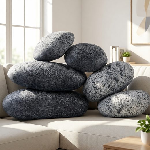 Group of dark gray, realistic stone-textured throw pillows resting on a beige sofa.