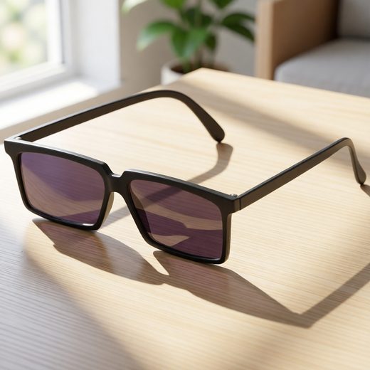 Dark framed spy sunglasses with purple tinted lenses on a light wooden table.