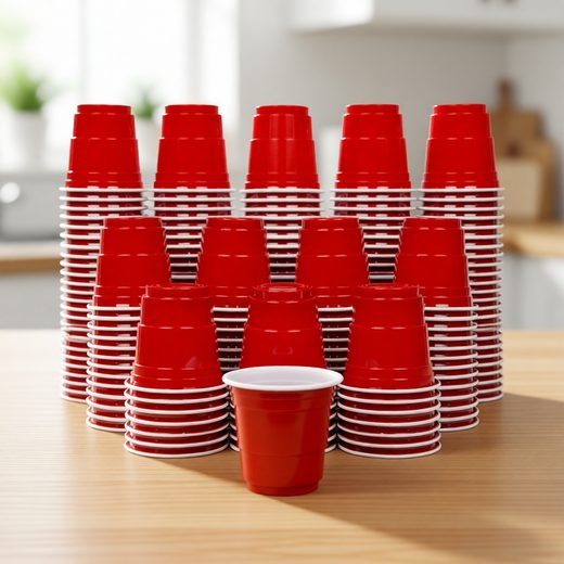 Multiple stacks of bright red plastic mini shot cups on a light wooden table.