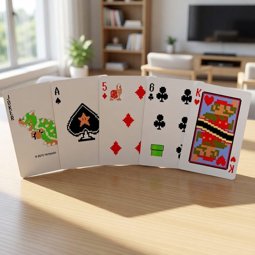 Retro 8-bit dot style playing cards featuring Mario and pixelated graphics laid out.