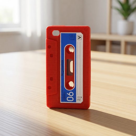 Red silicone phone case featuring a detailed retro cassette tape design.