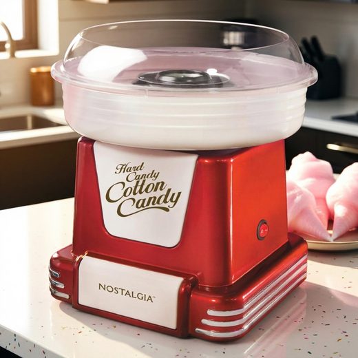 Bright red retro cotton candy machine with a clear plastic dome lid.