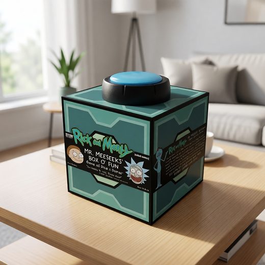 Mr. Meeseeks' Box O' Fun Rick and Morty dice game box with a blue circular component.