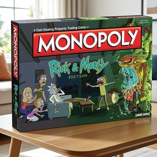 Vibrant Rick & Morty Monopoly board game box featuring cartoon characters and multiverse art.