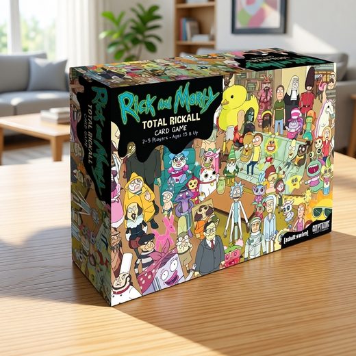 Rick and Morty Total Rickall cooperative card game box with colorful character artwork.