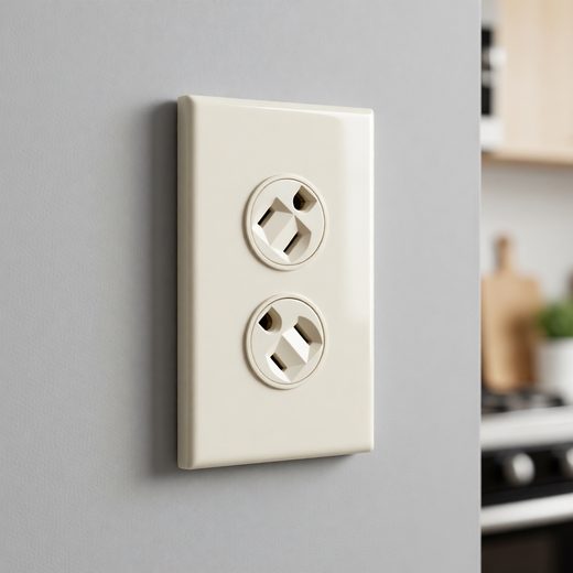 White rotating duplex wall outlet featuring two swiveling circular sockets mounted on a wall.