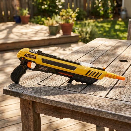 Yellow salt-powered fly shotgun resting on a weathered wooden outdoor table.