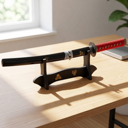 Black samurai sword letter opener with a red blade resting on a light wooden surface.