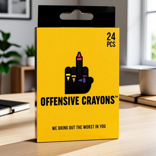 Yellow packaging displaying a hand holding a set of sarcastic offensive crayons.
