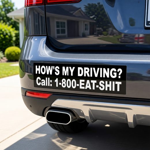Black and white "How's My Driving?" sticker applied to a car's rear bumper.
