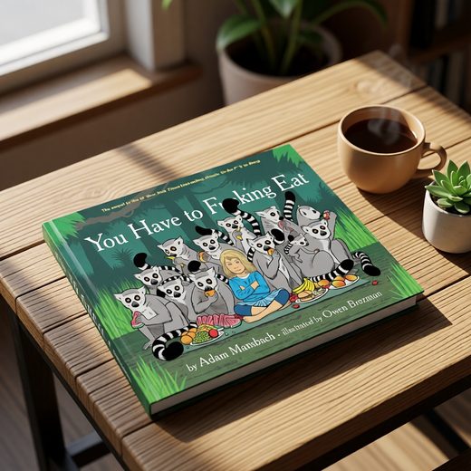 Satirical book cover featuring cartoon pandas and a woman sitting among them on a wooden table.