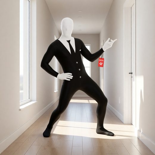 Black faceless tuxedo morphsuit costume displayed on a white mannequin in a modern hallway.