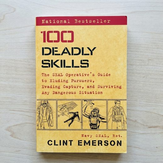 Survival skills guide book cover featuring tactical illustrations of military evasion and capture avoidance.