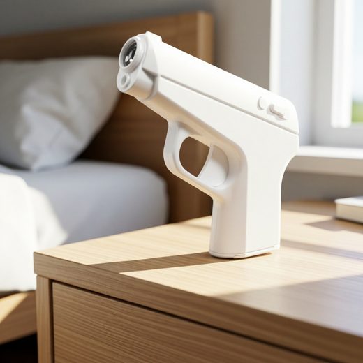 White tactical pistol shaped alarm clock resting on a wooden bedside table.
