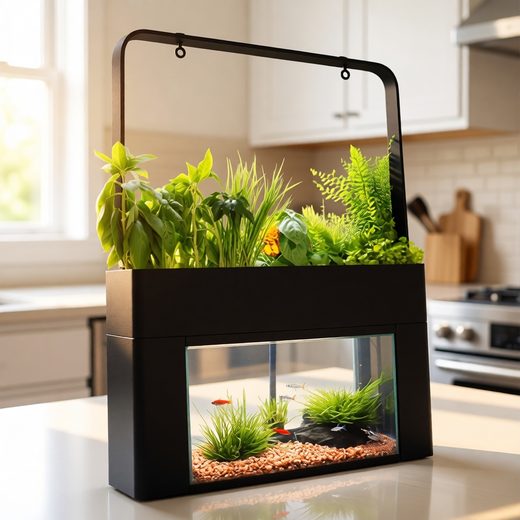 Integrated black aquaponics system with a fish tank and vibrant growing herbs.