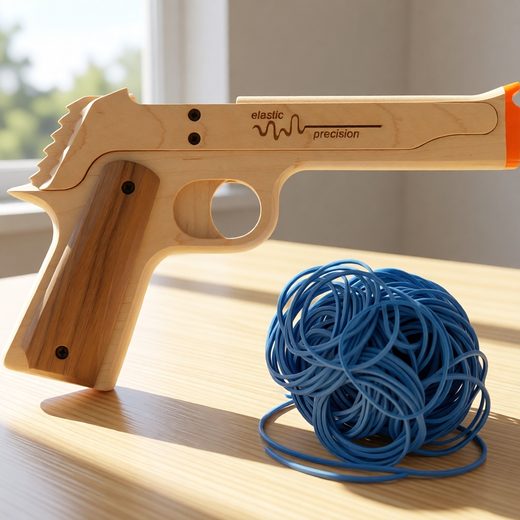 Hardwood pistol-style rubber band gun displayed next to a pile of blue bands.