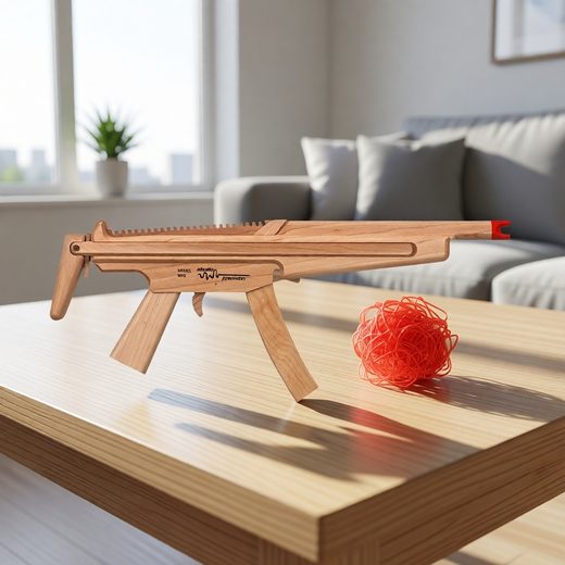 Wooden tactical rubber band gun made of maple wood next to a pile of red rubber bands.