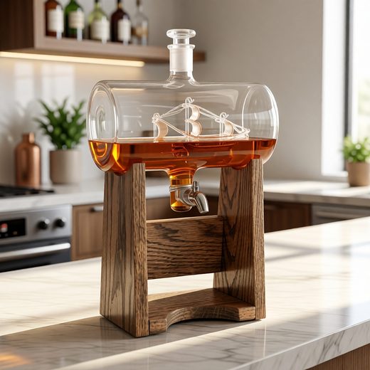 Ship in a bottle decanter filled with amber liquid, supported by a rustic wooden base.