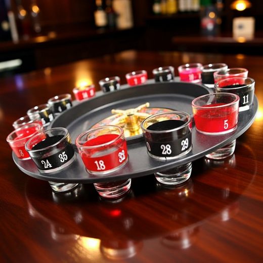 Numbered shot glasses and a spinning wheel game set displayed on a dark wooden tray.