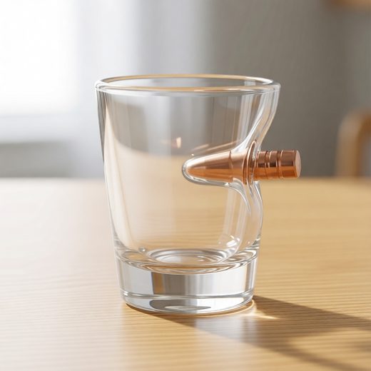 Clear glass shot glass with a copper bullet embedded on the side.