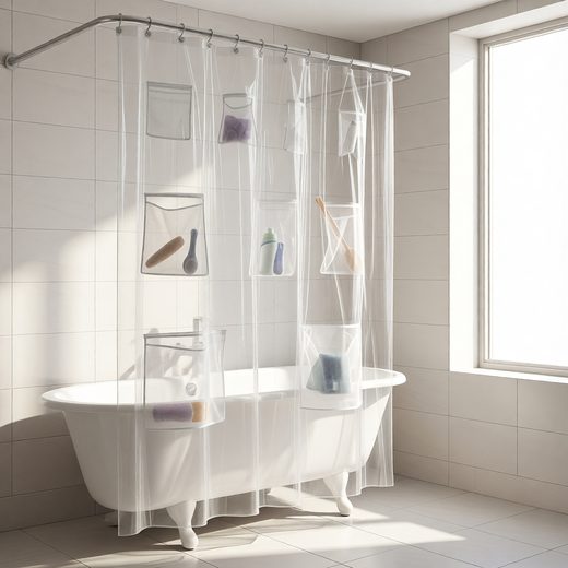 Clear shower curtain with integrated mesh pockets for holding shampoo and bath supplies.