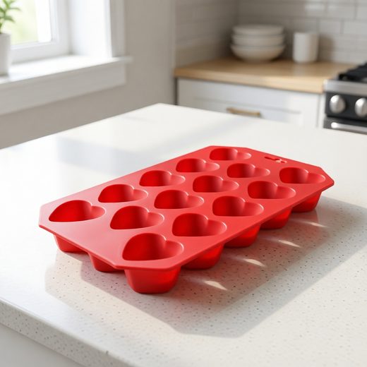 Heart shaped red ice tray mold with multiple cavities resting on a white kitchen counter.