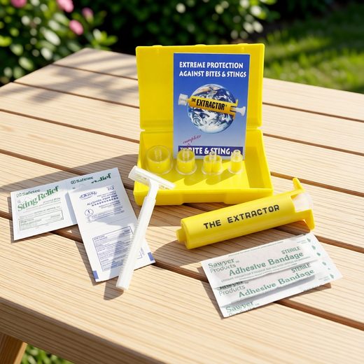 Yellow snake bite venom extractor pump kit with suction cups and sterile adhesive bandages